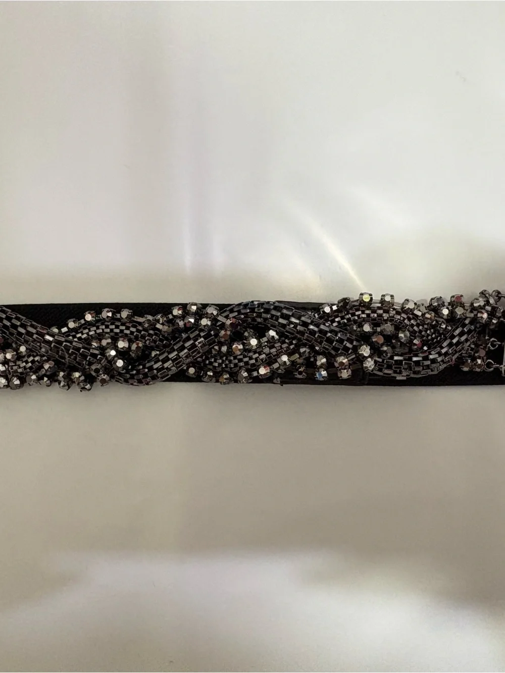 BCBGMAXAZRIA Black Embellished Stretch Belt XS Gunmetal Beaded Waist Belt